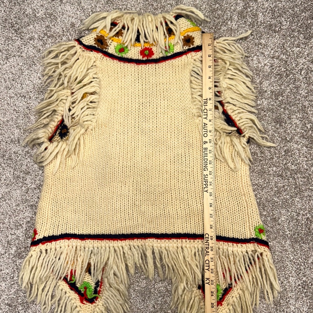 Vintage Hand Knit Fringe Wool Cardigan Vest 60s Boho Hippy Flowers Women Medium - Picture 4 of 10